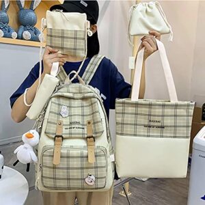 DAHUOJI 5Pcs Kawaii Backpack Set with Badge & Duck Pendant,Japanese Aesthetic Check Bookbag for Girls Cute Plaid School Bags Comes with Tote Bag,Shoulder Bag,Pencil Box,Small Bag(Khaki,16in)