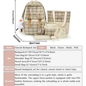 DAHUOJI 5Pcs Kawaii Backpack Set with Badge & Duck Pendant,Japanese Aesthetic Check Bookbag for Girls Cute Plaid School Bags Comes with Tote Bag,Shoulder Bag,Pencil Box,Small Bag(Khaki,16in)