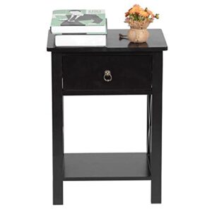 HEPMIMZHU End Table, Side Table, Nightstand, 2-Tier Storage Shelf, Sofa Table with Drawer & Storage Shelf Solid Wood Legs for Small Space, Living Room, Bed Room (Black)