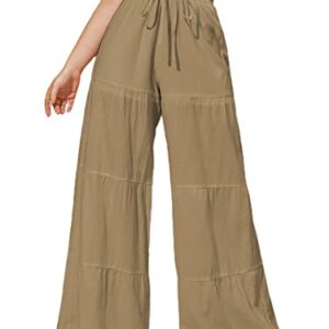 LilyCoco Flowy Pants for Women Palazzo Wide Leg Ruffle Trousers High Waisted Tiered Bell Bottom Camel Small