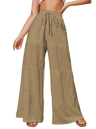 LilyCoco Flowy Pants for Women Palazzo Wide Leg Ruffle Trousers High Waisted Tiered Bell Bottom Camel Small