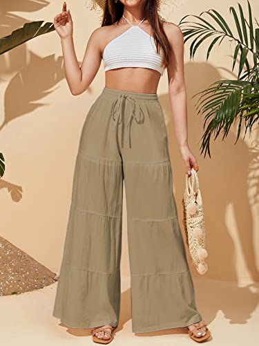 LilyCoco Flowy Pants for Women Palazzo Wide Leg Ruffle Trousers High Waisted Tiered Bell Bottom Camel Small