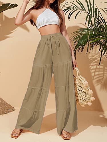 LilyCoco Flowy Pants for Women Palazzo Wide Leg Ruffle Trousers High Waisted Tiered Bell Bottom Camel Small