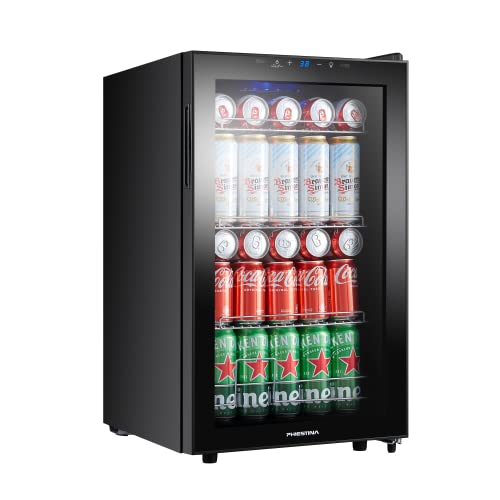 Phiestina Beverage Refrigerator and Cooler Freestanding Beer Cooler 100 cans Big Capacity Drinks Fridge with Interior Lighting Digital Touch Control Removable Shelves for Home/Bar/Office