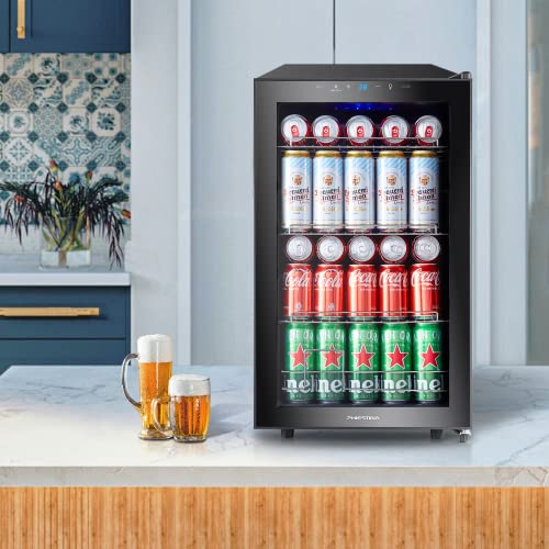 Phiestina Beverage Refrigerator and Cooler Freestanding Beer Cooler 100 cans Big Capacity Drinks Fridge with Interior Lighting Digital Touch Control Removable Shelves for Home/Bar/Office