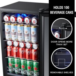 Phiestina Beverage Refrigerator and Cooler Freestanding Beer Cooler 100 cans Big Capacity Drinks Fridge with Interior Lighting Digital Touch Control Removable Shelves for Home/Bar/Office