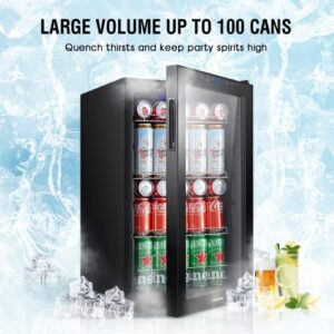 Phiestina Beverage Refrigerator and Cooler Freestanding Beer Cooler 100 cans Big Capacity Drinks Fridge with Interior Lighting Digital Touch Control Removable Shelves for Home/Bar/Office