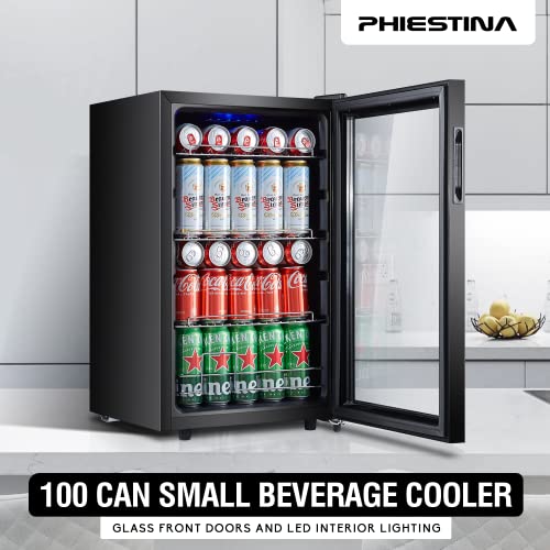 Phiestina Beverage Refrigerator and Cooler Freestanding Beer Cooler 100 cans Big Capacity Drinks Fridge with Interior Lighting Digital Touch Control Removable Shelves for Home/Bar/Office