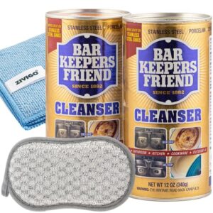 bar keepers friend powder cleanser & polish 12 oz (pack of 2) - bundled with 1 microfiber towel and 1 dual-sided sponge