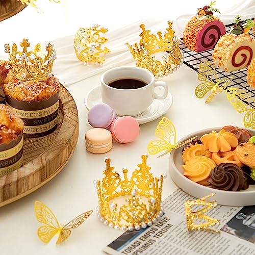 30 Pcs Gold Butterfly Cake Decoration with 6 Pcs Gold Crown Cake Topper, Mini Crowns Small Crown with 3D Butterfly Wall Decors for Coronas Para Flower Bouquets Decor for Flower Arrangements