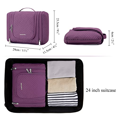 BAGSMART Travel Toiletry Bag for Women, Hanging Toiletry Bag with Hook, Travel Cosmetic Makeup Bag Travel Organizer for Accessories, Shampoo, Full Sized Container, Toiletries,Purple-Medium