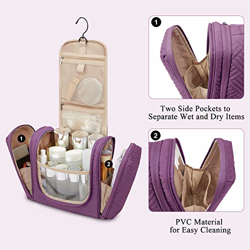 BAGSMART Travel Toiletry Bag for Women, Hanging Toiletry Bag with Hook, Travel Cosmetic Makeup Bag Travel Organizer for Accessories, Shampoo, Full Sized Container, Toiletries,Purple-Medium