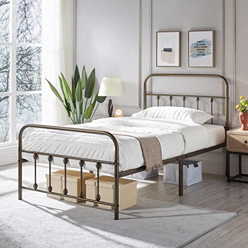 Topeakmart Twin XL Size Victorian Style Metal Bed Frame with Headboard/Mattress Foundation/No Box Spring Needed/Under Bed Storage/Strong Slat Support Bronze