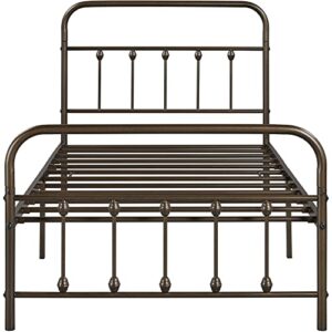Topeakmart Twin XL Size Victorian Style Metal Bed Frame with Headboard/Mattress Foundation/No Box Spring Needed/Under Bed Storage/Strong Slat Support Bronze