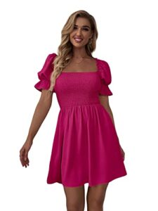 wdirara women's square neck flounce short sleeve shirred ruffle hem dress hot pink solid l