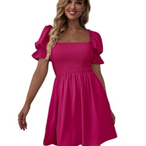 WDIRARA Women's Square Neck Flounce Short Sleeve Shirred Ruffle Hem Dress Hot Pink Solid L