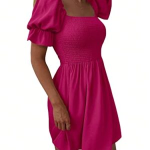 WDIRARA Women's Square Neck Flounce Short Sleeve Shirred Ruffle Hem Dress Hot Pink Solid L