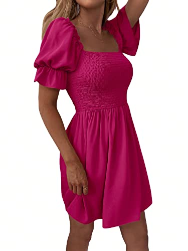 WDIRARA Women's Square Neck Flounce Short Sleeve Shirred Ruffle Hem Dress Hot Pink Solid L