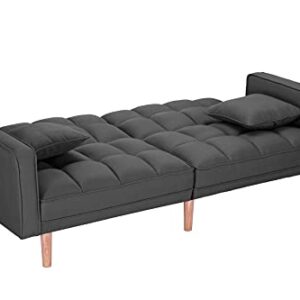 BENDIC Modern Tuft Futon Couch Convertible Loveseat Sleeper Reclining Sofa Bed Twin Size with Arms and 2 Pillows for Living Room, Dark Grey