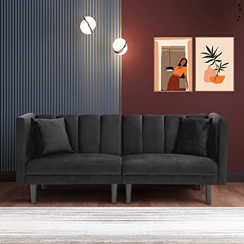 BENDIC Convertible Velvet Futon Bed, Modern Sleeper Sofa with 2 Pillows, 3 Adjustable Angles for Backrest, Living Room Couch with 7 Sturdy Metal Legs, Upholstered Loveseat for Home, Office, Black