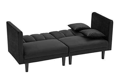 BENDIC Convertible Velvet Futon Bed, Modern Sleeper Sofa with 2 Pillows, 3 Adjustable Angles for Backrest, Living Room Couch with 7 Sturdy Metal Legs, Upholstered Loveseat for Home, Office, Black