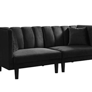 BENDIC Convertible Velvet Futon Bed, Modern Sleeper Sofa with 2 Pillows, 3 Adjustable Angles for Backrest, Living Room Couch with 7 Sturdy Metal Legs, Upholstered Loveseat for Home, Office, Black