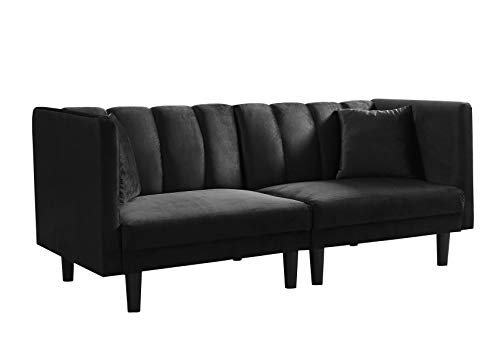 BENDIC Convertible Velvet Futon Bed, Modern Sleeper Sofa with 2 Pillows, 3 Adjustable Angles for Backrest, Living Room Couch with 7 Sturdy Metal Legs, Upholstered Loveseat for Home, Office, Black