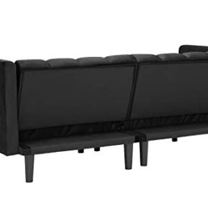 BENDIC Convertible Velvet Futon Bed, Modern Sleeper Sofa with 2 Pillows, 3 Adjustable Angles for Backrest, Living Room Couch with 7 Sturdy Metal Legs, Upholstered Loveseat for Home, Office, Black