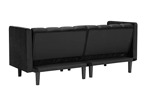 BENDIC Convertible Velvet Futon Bed, Modern Sleeper Sofa with 2 Pillows, 3 Adjustable Angles for Backrest, Living Room Couch with 7 Sturdy Metal Legs, Upholstered Loveseat for Home, Office, Black