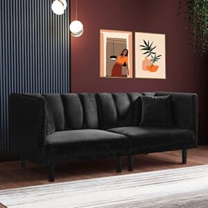 BENDIC Convertible Velvet Futon Bed, Modern Sleeper Sofa with 2 Pillows, 3 Adjustable Angles for Backrest, Living Room Couch with 7 Sturdy Metal Legs, Upholstered Loveseat for Home, Office, Black