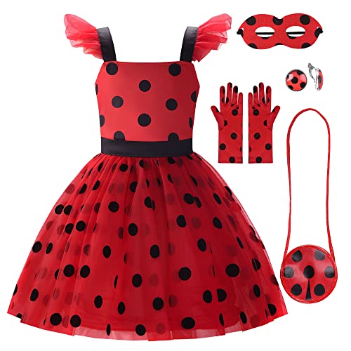 Uplus ME Ladybug Costume Girls Ladybug Dress Lady Bug Costumes for Kids Toddler Ladybird Dress Up Set for Halloween Birthday (2-3T/100)