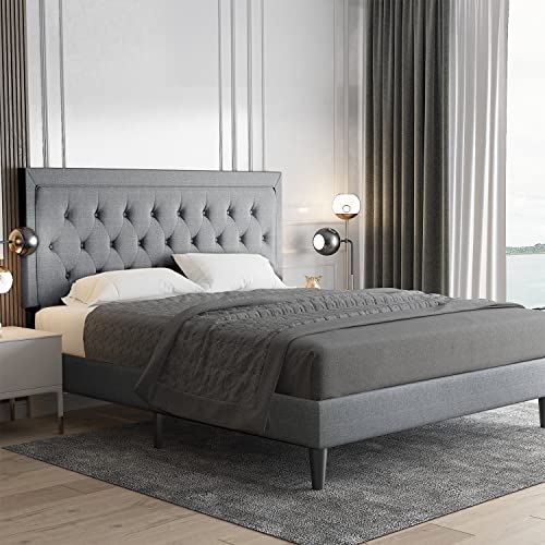 Allewie Full Size Bed Frame Upholstered Platform Bed with Adjustable Headboard, Button Tufted, Wood Slat Support, Easy Assembly, Light Gray