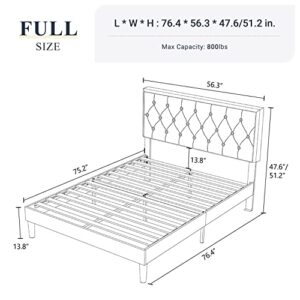 Allewie Full Size Bed Frame Upholstered Platform Bed with Adjustable Headboard, Button Tufted, Wood Slat Support, Easy Assembly, Light Gray