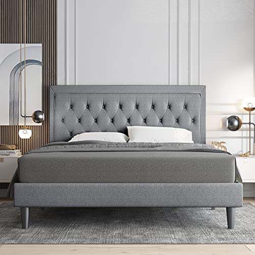 Allewie Full Size Bed Frame Upholstered Platform Bed with Adjustable Headboard, Button Tufted, Wood Slat Support, Easy Assembly, Light Gray