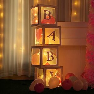 uptotop 4 pcs baby boxes with 30 letters and 36 balloons and 4 fairy string lights, for baby shower gender reveal girl boy blocks birthday party balloon box decorations(a-z + baby) 