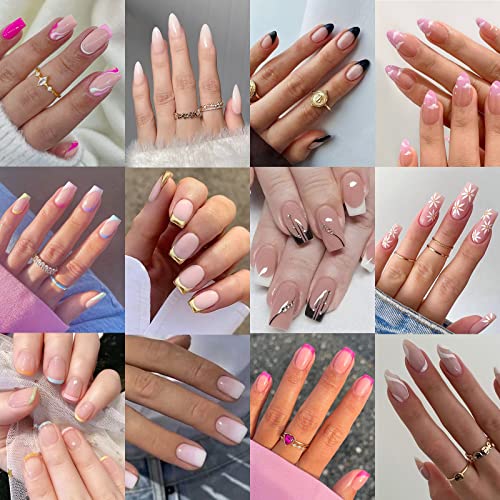 12 Packs (288 Pcs) Press on Nails Medium and Short, Misssix Short Fake Nails Glue on False Nails Almond and Square with Nail Glue for Women (G1)