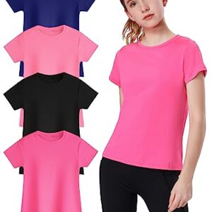 EXARUS 4 Pack Girls Athletic Shirts Short Sleeve Quick Dry Crewneck Tee Activewear Performance Tops for Kids 8-16Y Set 3 10Y