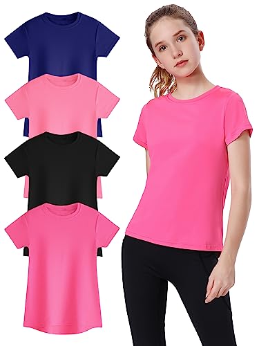 EXARUS 4 Pack Girls Athletic Shirts Short Sleeve Quick Dry Crewneck Tee Activewear Performance Tops for Kids 8-16Y Set 3 10Y