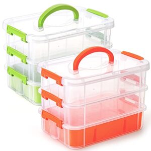 yesland 3 layer stack & carry box set of 2, small plastic dividing storage box with removable tray arts and crafts organizer storage container portable sewing box for sewing, green and orange