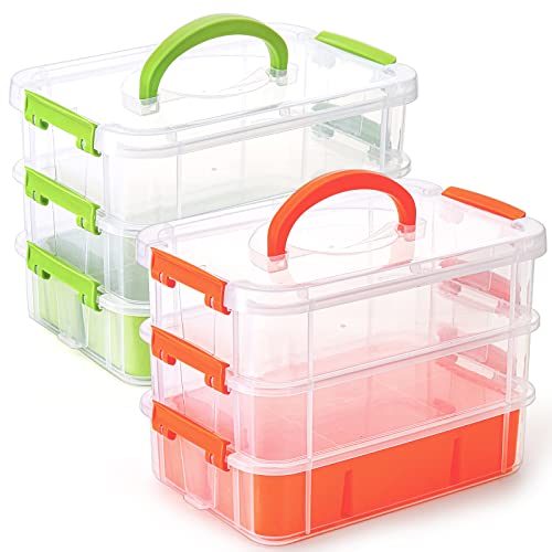 Yesland 3 Layer Stack & Carry Box Set of 2, Small Plastic Dividing Storage Box with Removable Tray Arts and Crafts Organizer Storage Container Portable Sewing Box for Sewing, Green and Orange