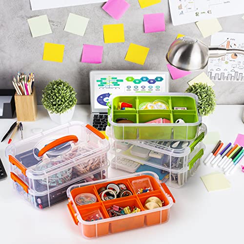 Yesland 3 Layer Stack & Carry Box Set of 2, Small Plastic Dividing Storage Box with Removable Tray Arts and Crafts Organizer Storage Container Portable Sewing Box for Sewing, Green and Orange