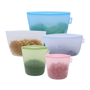 5pcs silicone reusable food container, 100% food grade reusable storage bags with sealing strip, silicone bags for food storage（different sizes）