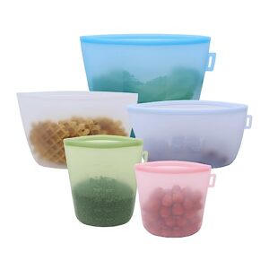 5pcs Silicone Reusable Food Container, 100% Food Grade Reusable Storage Bags with Sealing Strip, Silicone Bags for Food Storage（Different Sizes）