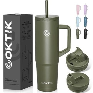 coktik 40 oz tumbler with handle and straw, 3 lids (straw/flip), stainless steel vacuum insulated cup, 40 ounce travel mug,cupholder friendly,keeps water cold,easy to clean (army green)
