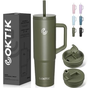 COKTIK 40 oz Tumbler with Handle and Straw, 3 Lids (Straw/Flip), Stainless Steel Vacuum Insulated Cup, 40 Ounce Travel Mug,Cupholder Friendly,Keeps Water Cold,Easy to Clean (Army Green)