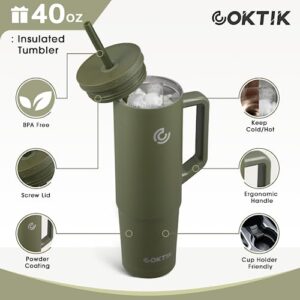 COKTIK 40 oz Tumbler with Handle and Straw, 3 Lids (Straw/Flip), Stainless Steel Vacuum Insulated Cup, 40 Ounce Travel Mug,Cupholder Friendly,Keeps Water Cold,Easy to Clean (Army Green)