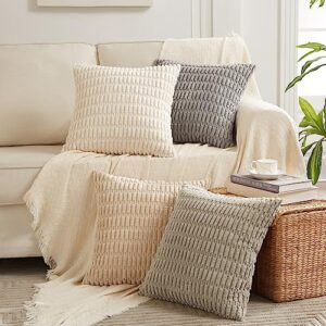 Fancy Homi 4 Packs Neutral Decorative Throw Pillow Covers 18x18 Inch for Living Room Couch Bed Sofa, Rustic Farmhouse Boho Neutral Home Decor, Soft Plush Striped Corduroy Square Cushion Case 45x45 cm