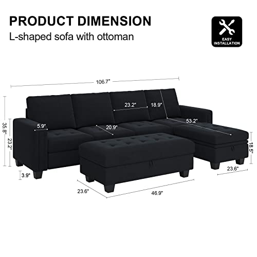 Belffin Velvet Convertible 4-Seat Sectional Sofa with Reversible Chaise L Shaped Sofa Couch Furniture Sets Sectional Couch with Storage Ottoman Black