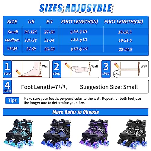 Roller Skates for Boys and Girls, 4 Sizes Adjustable Quad Skates for Kids with All Light up Wheels, Full Protection for Toddler's Indoor and Outdoor Sports Size 9 10 11 12