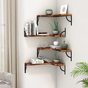 Canupdog Corner Floating Shelf Wall Mount 4 Tier Wood Floating Shelves, Easy-to-Assemble Tiered Wall Storage, Wall Organizer for Bedrooms, Bathrooms, Kitchens, Offices (Rustic Red)